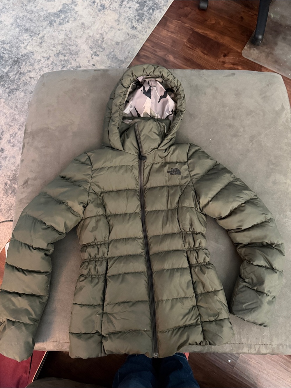 The North Face Olive Green Hooded Women's Puffer Jacket